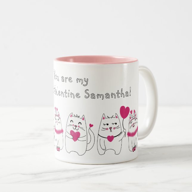 Cute Cat Lovers Valentine's Day Pink Two-Tone Coffee Mug (Front Right)