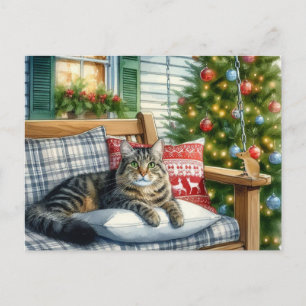 Cute Cat Lying by Christmas Tree Holiday Postcard