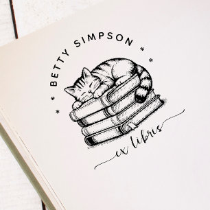 Cute cat lying on a book stack Custom ex libris Self-inking Stamp