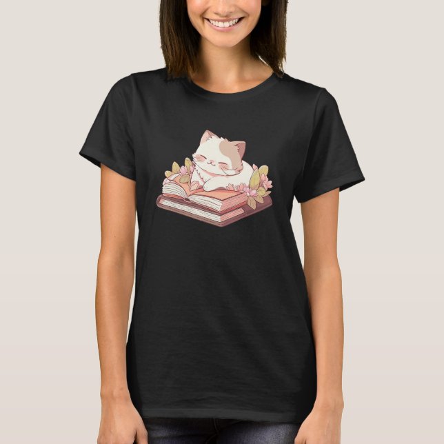 Cute Cat Lying On Opened Book With Flower Aestheti T-Shirt (Front)