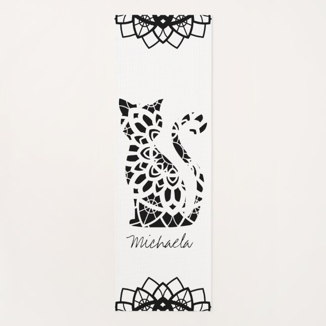 Cute Cat Mandala Name Girly Black Customisable Yoga Mat (Front)