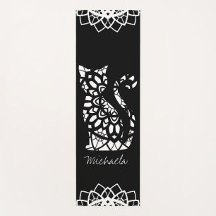 Cute Cat Mandala Name Girly Black Customisable Yoga Mat