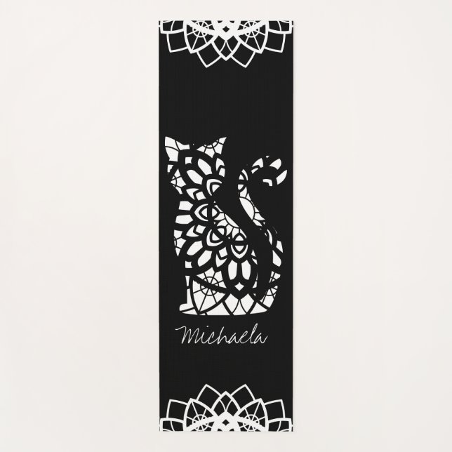 Cute Cat Mandala Name Girly Black Customisable Yoga Mat (Front)
