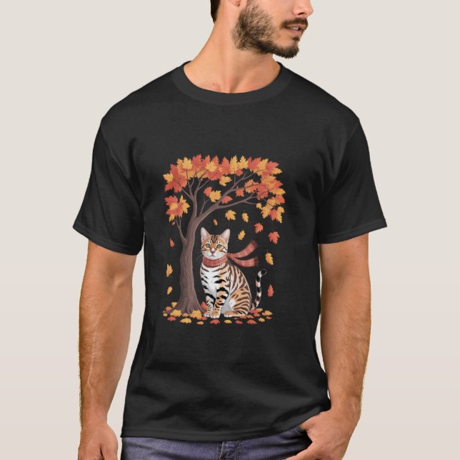 Cute Cat Maple Tree Fall Autumn Thanksgiving  T-Shirt (Front)