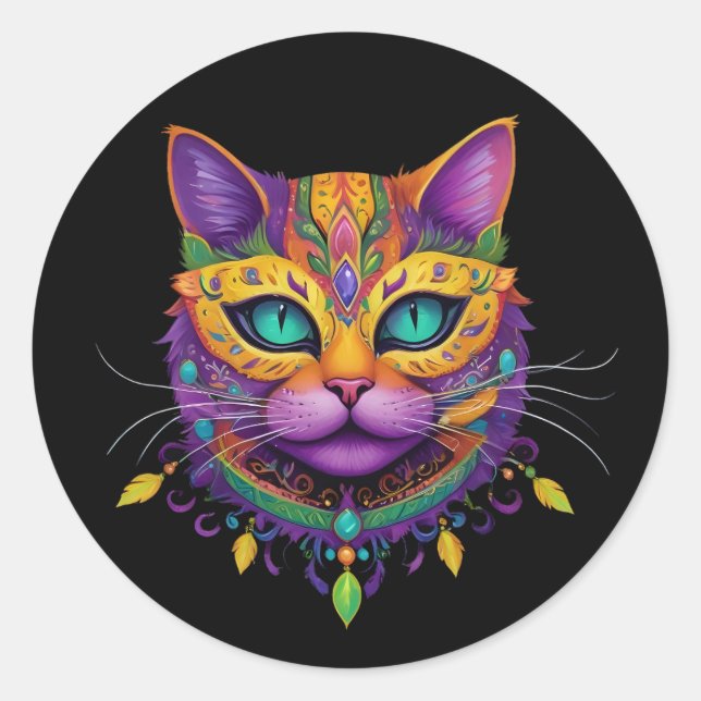 Cute Cat Mardi Gras Carnival Cat Lover Classic Round Sticker (Front)