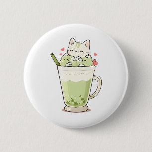 Cute Cat Matcha Boba Drink Kawaii Design 6 Cm Round Badge