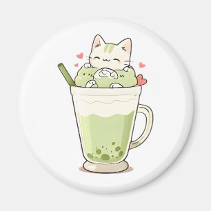 Cute Cat Matcha Boba Drink Kawaii Design Magnet