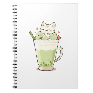 Cute Cat Matcha Boba Drink Kawaii Design Notebook