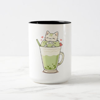 Cute Cat Matcha Boba Drink Kawaii Design Two-Tone Coffee Mug