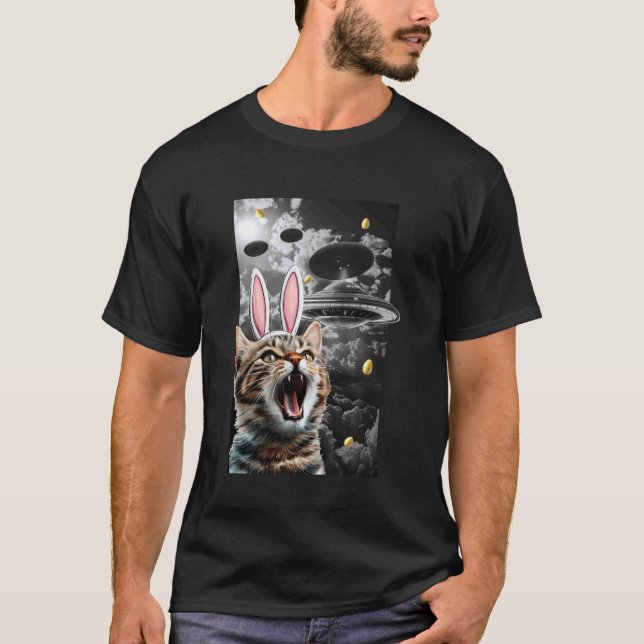 Cute Cat Meme Easter Bunny Alien UFO Funny Science T-Shirt (Front)
