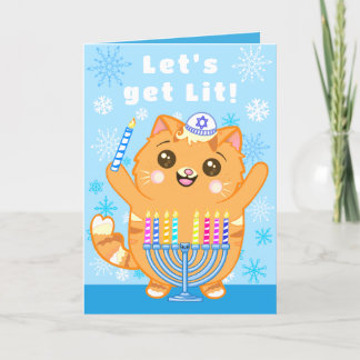 Cute Cat Menorah “Let’s Get Lit” Hanukkah Card
