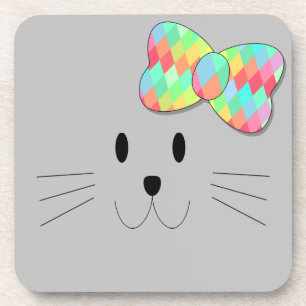 Cute Cat Meow Rainbow Bow Grey Glitter Kitty Kids Coaster