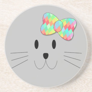 Cute Cat Meow Rainbow Bow Grey Glitter Kitty Kids Coaster