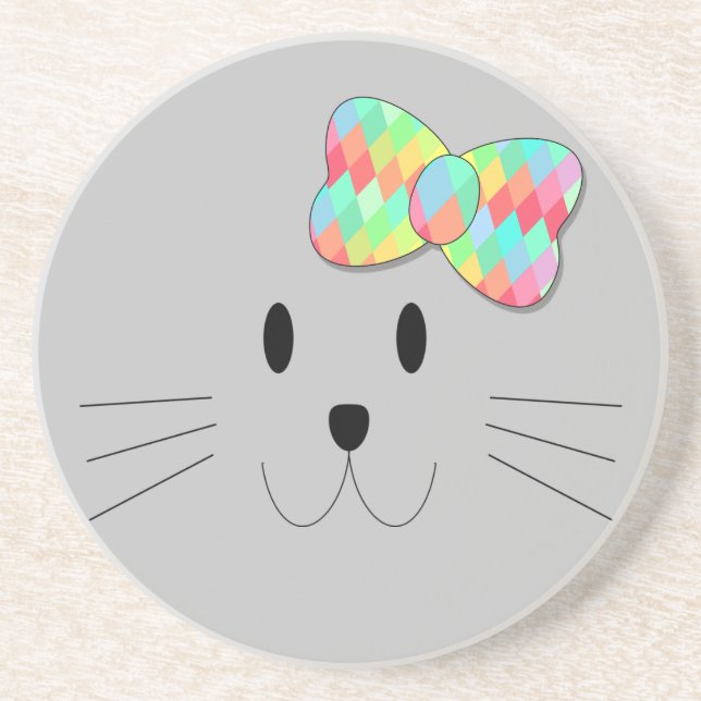 Cute Cat Meow Rainbow Bow Grey Glitter Kitty Kids  Coaster (Front)