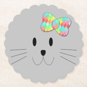 Cute Cat Meow Rainbow Bow Grey Glitter Kitty Kids Paper Coaster