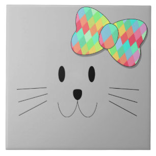 Cute Cat Meow Rainbow Bow Grey Glitter Kitty Kids Tile