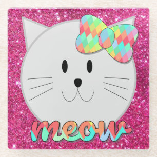 Cute Cat Meow Rainbow Bow Pink Glitter Kitty Kids Glass Coaster