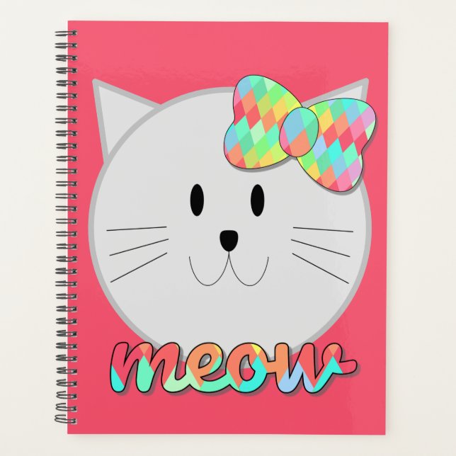 Cute Cat Meow Rainbow Bow Pink Glitter Kitty Kids Planner (Front)