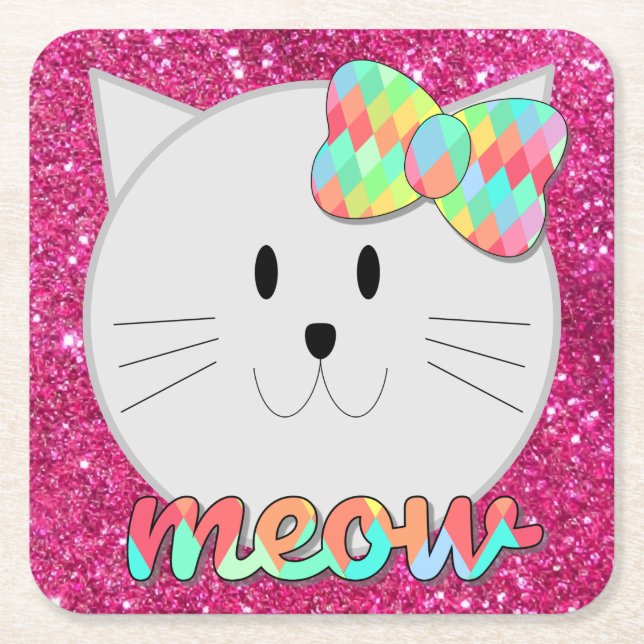 Cute Cat Meow Rainbow Bow Pink Glitter Kitty Kids Square Paper Coaster (Front)