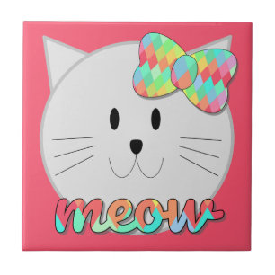 Cute Cat Meow Rainbow Bow Pink Glitter Kitty Kids Tile