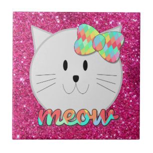 Cute Cat Meow Rainbow Bow Pink Glitter Kitty Kids Tile