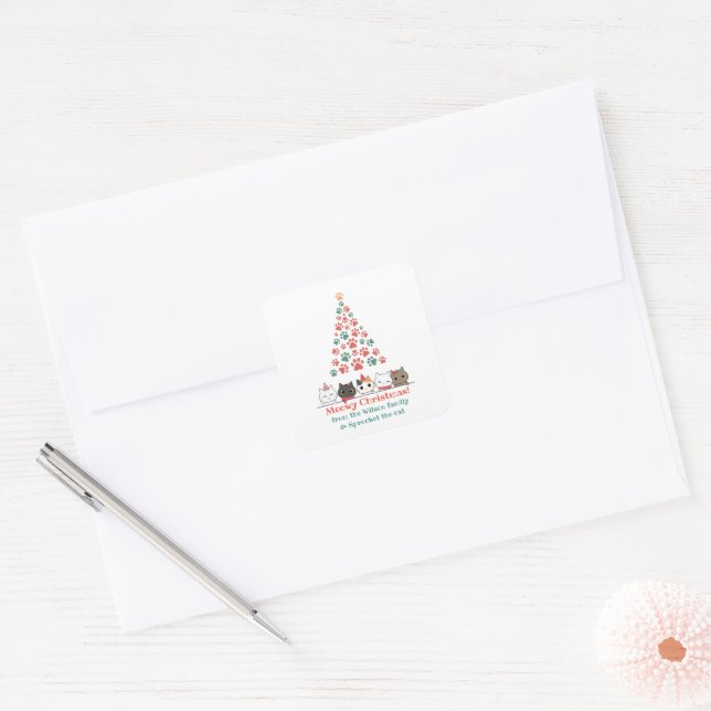 Cute Cat Meowy Christmas Square Sticker (Envelope)