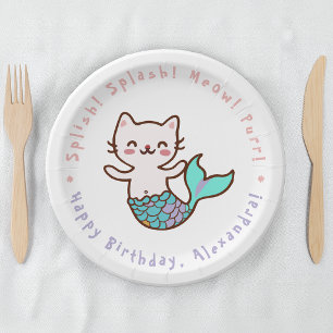 Cute Cat Mermaid Girl Birthday Meowmaid Purrmaid  Paper Plate