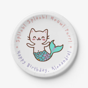 Cute Cat Mermaid Girl Birthday Meowmaid Purrmaid  Paper Plate