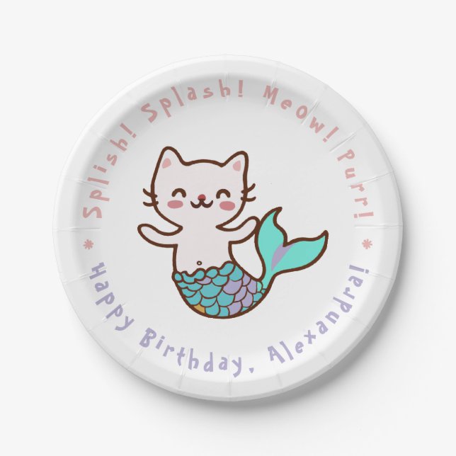 Cute Cat Mermaid Girl Birthday Meowmaid Purrmaid  Paper Plate (Front)