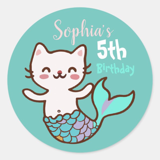 Cute Cat Mermaid Meowmaid Purrmaid  Girl Birthday Classic Round Sticker (Front)