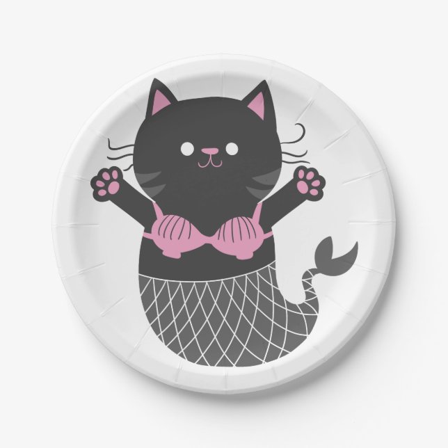 Cute cat mermaid silhouette - Choose back color Paper Plate (Front)