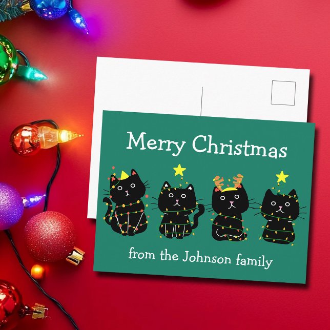 Cute Cat Merry Christmas Lights Custom Green Postcard (Creator Uploaded)
