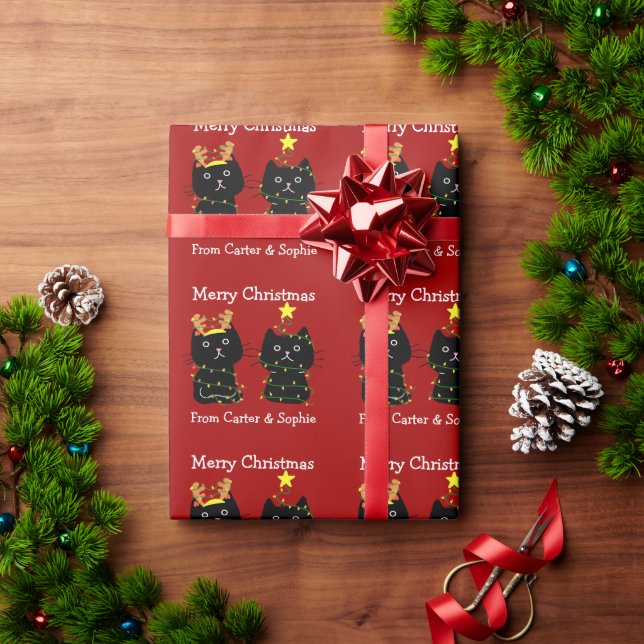 Cute Cat Merry Christmas Lights Personalised Red Wrapping Paper (Holiday Gift)