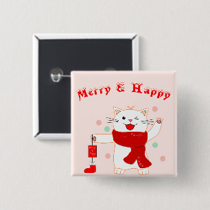 Cute Cat Merry & Happy   Cute Christmas Button
