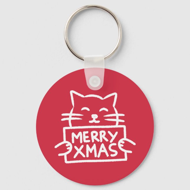 Cute Cat Merry Xmas Key Ring (Front)