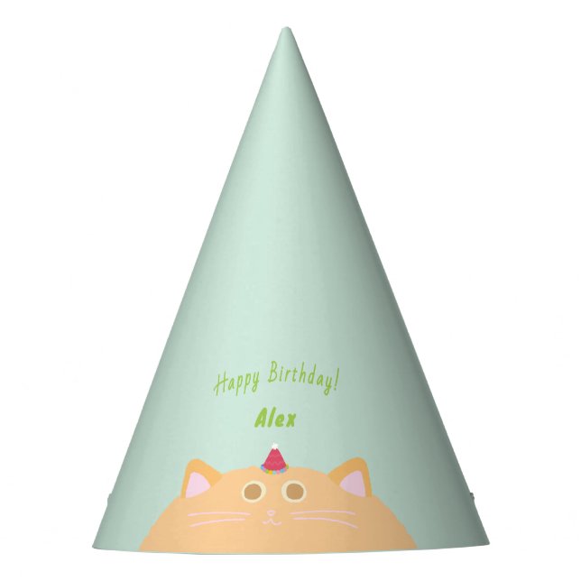 Cute Cat Mint Green Birthday Party Hat (Front)