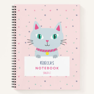 Cute Cat Modern Name Pink Personalised Notebook