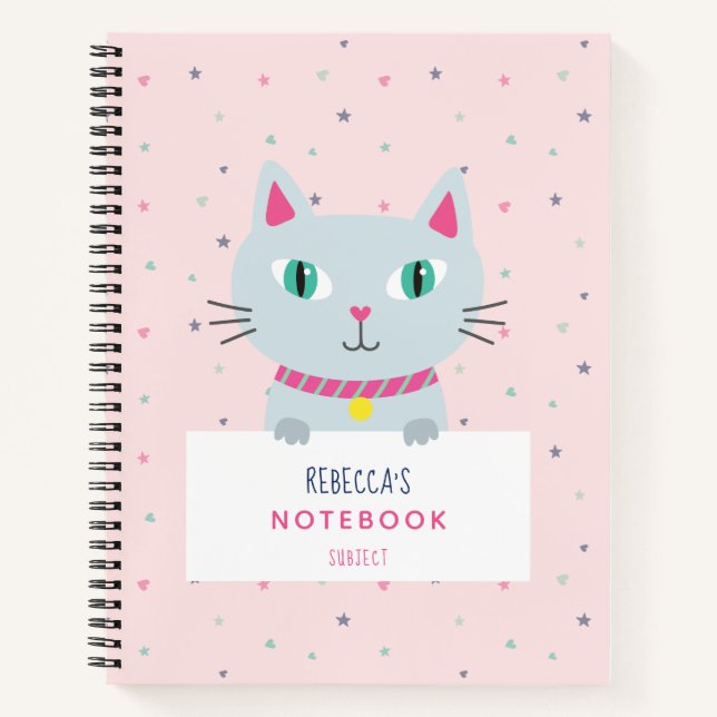 Cute Cat Modern Name Pink Personalised Notebook (Front)