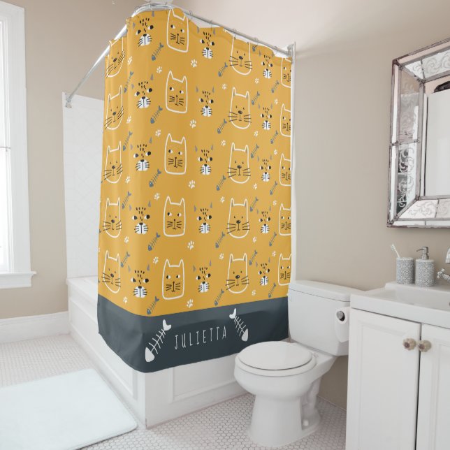 Cute Cat Modern Pattern Name Shower Curtain (In Situ)