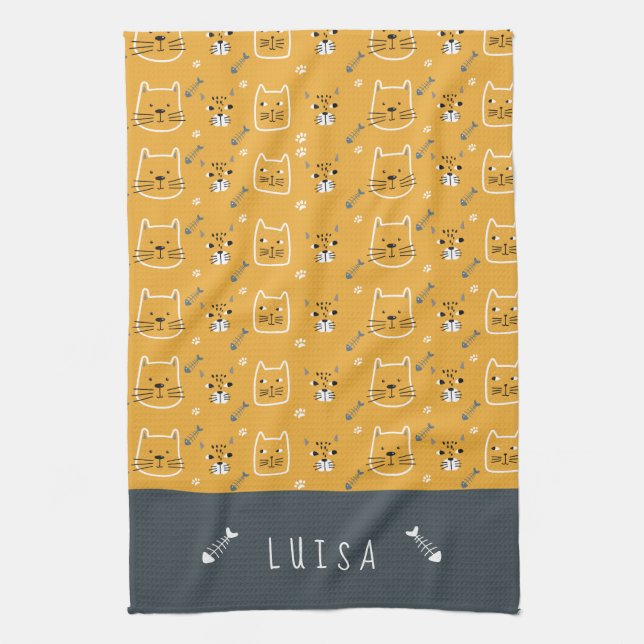 Cute Cat Modern Pattern Personalised Tea Towel (Vertical)