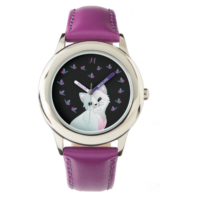 Cute Cat Monogram Purple Watch (Front)