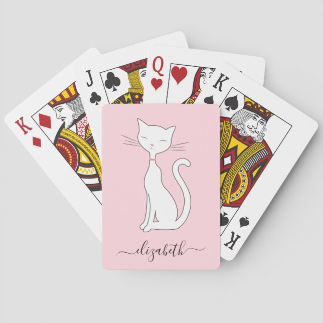 Cute Cat Monogrammed Pink Playing Cards (Back)