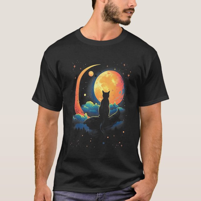 Cute Cat Motifs Cat With Moon Night Space Cat T-Shirt (Front)