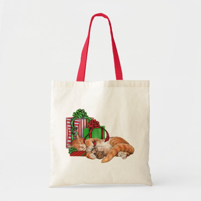 Cute Cat, Mouse and Christmas Presents Tote Bag (Front)
