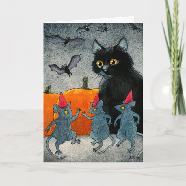 Cute cat mouse bats pumpkin Halloween card (Front)