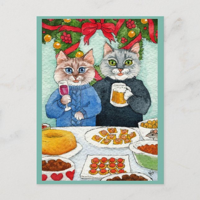 Cute cat, mouse Christmas party postcard (Front)