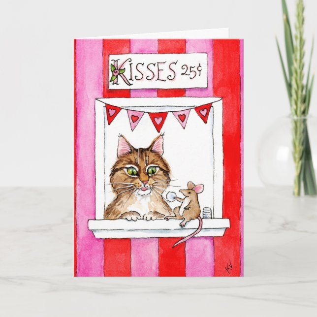 Cute Cat, Mouse, kissing booth Valentines Day card (Front)