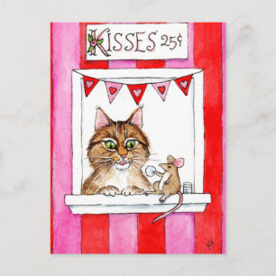 Cute cat, mouse, kissing booth Valentines postcard