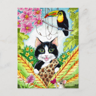 Cute Cat mouse orchid toucan postcard