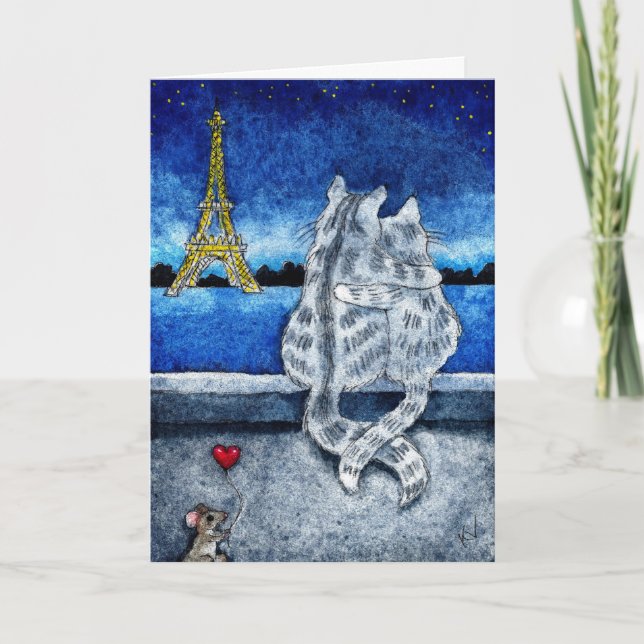 Cute Cat Mouse Paris Valentine Holiday Love card (Front)